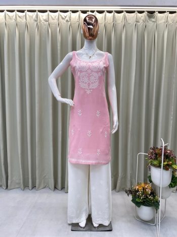 FANCY RAYON EMBROIDERY WORK KURTI PALAZZO SET BABY PINK