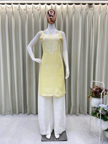 FANCY RAYON EMBROIDERY WORK KURTI PALAZZO SET YELLOW