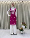 FANCY RAYON EMBROIDERY WORK KURTI PALAZZO SET PINK