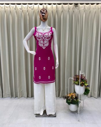 FANCY RAYON EMBROIDERY WORK KURTI PALAZZO SET PINK