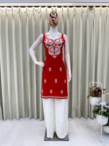 FANCY RAYON EMBROIDERY WORK KURTI PALAZZO SET RED