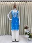 FANCY RAYON EMBROIDERY WORK KURTI PALAZZO SET SKY