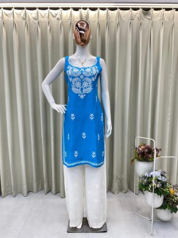 FANCY RAYON EMBROIDERY WORK KURTI PALAZZO SET SKY