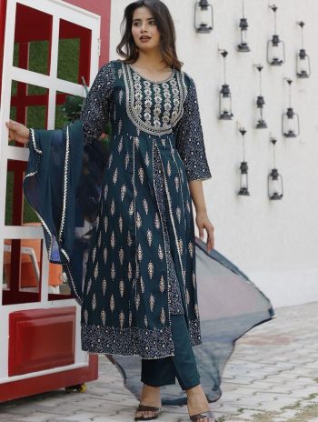 FANCY RAYON EMBROIDERY WORK TOP BOTTOM WITH DUPATTA TEAL