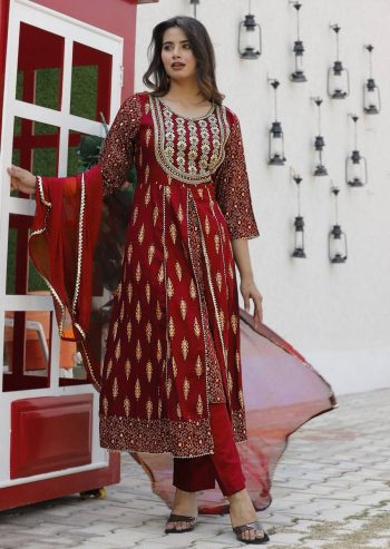 FANCY RAYON EMBROIDERY WORK TOP BOTTOM WITH DUPATTA RED