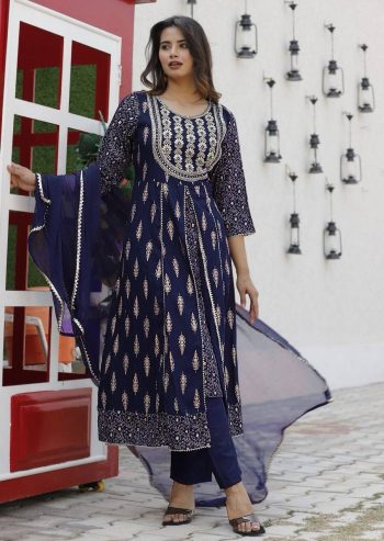 FANCY RAYON EMBROIDERY WORK TOP BOTTOM WITH DUPATTA NAVY BLUE