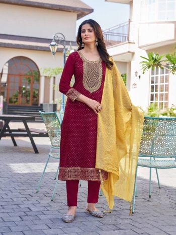 FANCY RAYON FOIL PRINT WITH EMBROIDERY WORK TOP BOTTOM WITH DUPATTA MAROON