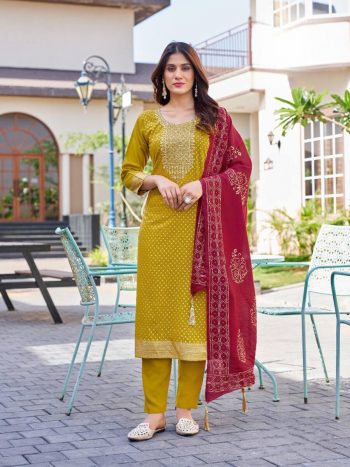 FANCY RAYON FOIL PRINT WITH EMBROIDERY WORK TOP BOTTOM WITH DUPATTA YELLOW