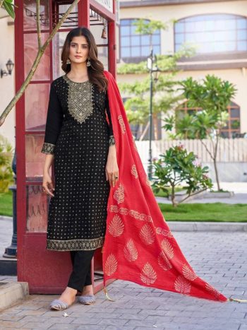 FANCY RAYON FOIL PRINT WITH EMBROIDERY WORK TOP BOTTOM WITH DUPATTA BLACK