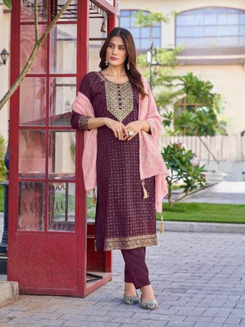 FANCY RAYON FOIL PRINT WITH EMBROIDERY WORK TOP BOTTOM WITH DUPATTA PURPLE
