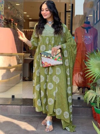 FANCY RAYON PRINT WITH EMBROIDERY WORK TOP BOTTOM WITH DUPATTA  GREEN