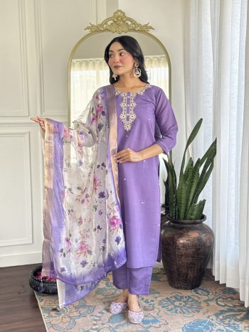 FANCY RAYON SEQUENCE CODING EMBROIDERY WORK TOP BOTTOM WITH DUPATTA LAVENDER