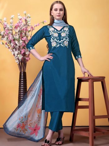 FANCY RAYON SLUB SEQUENCE EMBROIDERY WORK TOP BOTTOM WITH DUPATTA TEAL