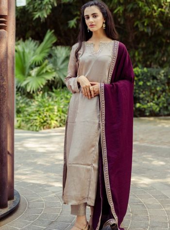 FANCY ROMAN EMBROIDERY WORK TOP BOTTOM WITH DUPATTA CREAM