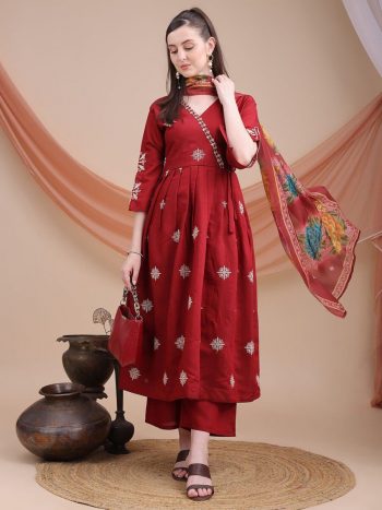 FANCY ROMAN SILK EMBROIDERY WORK ANARKALI GOWN BOTTOM WITH DUPATTA MAROON