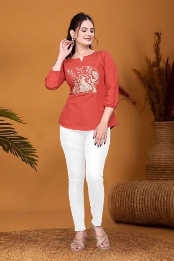 FANCY ROMAN SILK EMBROIDERY WORK TOP  RED