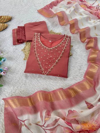 FANCY ROMAN SILK HANDWORK AND LACE WORK TOP BOTTOM WITH DUPATTA PEACH