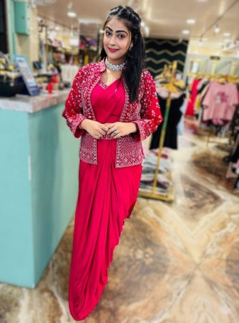FANCY SATIN CREPE PLAIN READY TO WEAR SAREE WITH EMBROIDERY SEQUENCE WORK BLOUSE KOTI AND WAIST BELT RANI