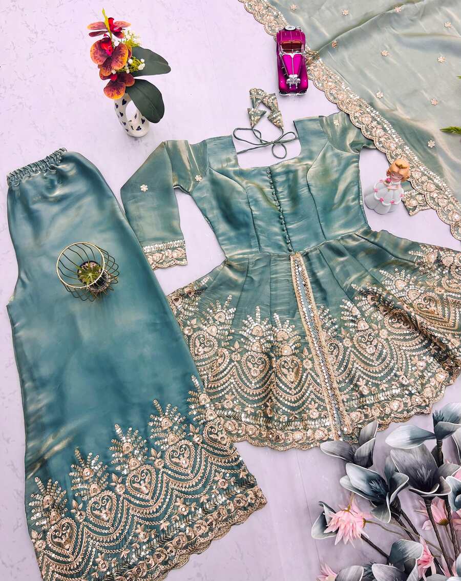 FANCY SATIN SILK EMBROIDERY SEQUENCE WITH REAL MIRROR WORK TOP PALAZZO WITH DUPATTA PARTY WEAR WHOLESALE PRICE ETHNIC GARMENT (1)