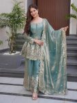 FANCY SATIN SILK EMBROIDERY SEQUENCE WITH REAL MIRROR WORK TOP PALAZZO WITH DUPATTA  GREEN