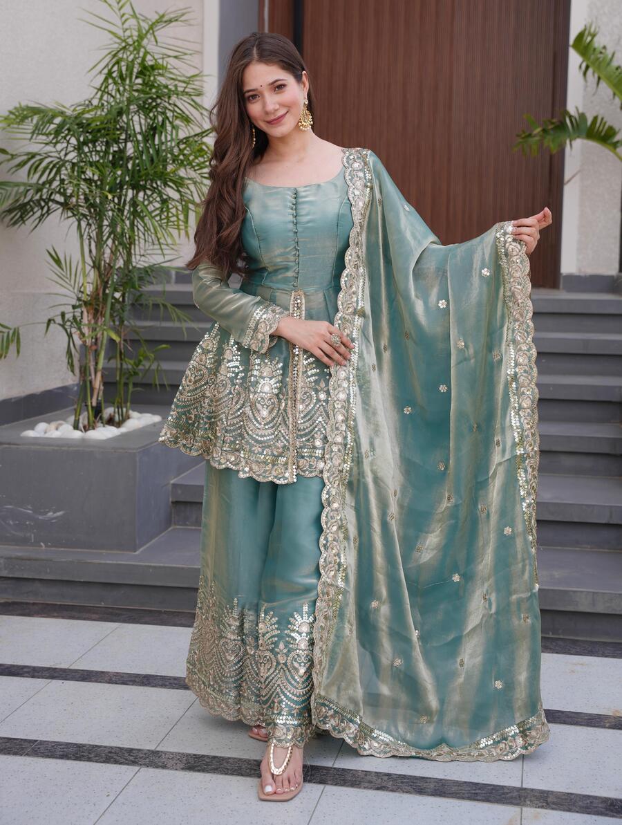 FANCY SATIN SILK EMBROIDERY SEQUENCE WITH REAL MIRROR WORK TOP PALAZZO WITH DUPATTA PARTY WEAR WHOLESALE PRICE ETHNIC GARMENT (6)