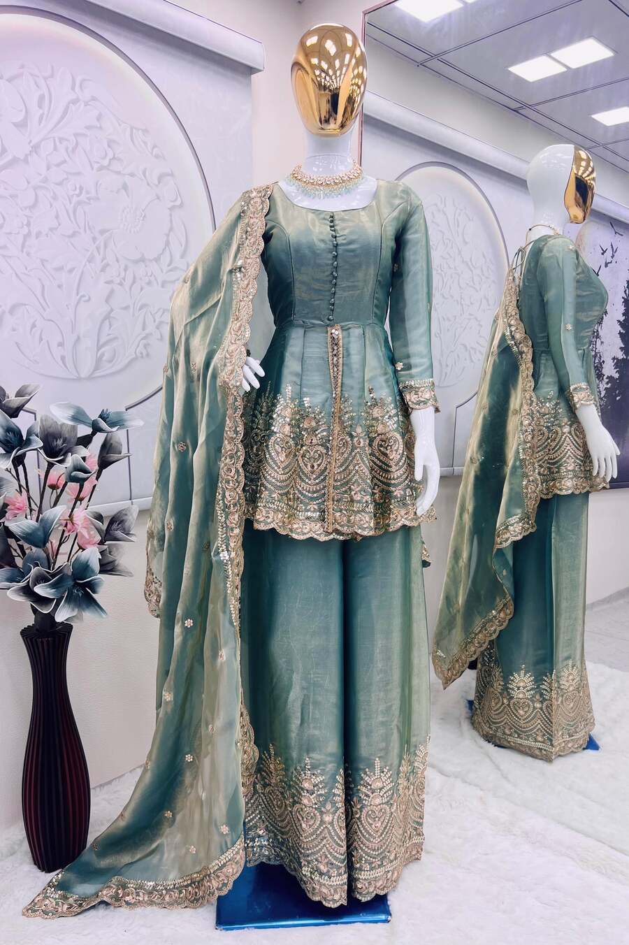 FANCY SATIN SILK EMBROIDERY SEQUENCE WITH REAL MIRROR WORK TOP PALAZZO WITH DUPATTA PARTY WEAR WHOLESALE PRICE ETHNIC GARMENT (7)