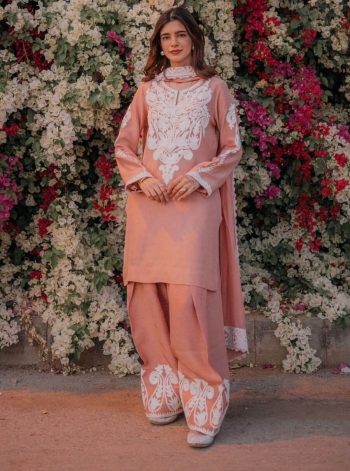 FANCY SATIN SILK EMBROIDERY WORK TOP PALAZZO WITH DUPATTA PEACH