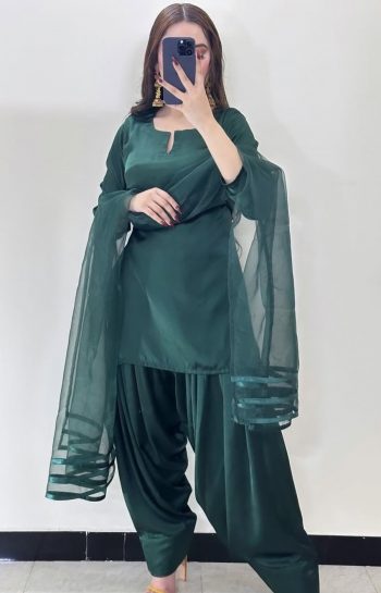 FANCY SATIN SILK PLAIN TOP PATIYALA WITH FANCY LACE BORDER DUPATTA  GREEN