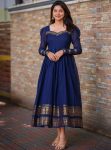 FANCY SILK COTTON JACQUARD WEAVING ZARI  WITH BACK SIDE BUTTERFLY PATTERN WORK ANARKALI NAVY BLUE