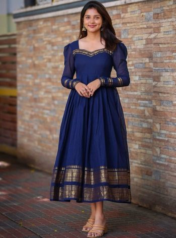 FANCY SILK COTTON JACQUARD WEAVING ZARI  WITH BACK SIDE BUTTERFLY PATTERN WORK ANARKALI NAVY BLUE