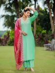 FANCY SLUB COTTON SEQUENCE EMBROIDERY WORK TOP BOTTOM WITH DUPATTA FESTIVE WEAR WHOLESALE PRICE ETHNIC GARMENT (3)