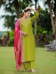 FANCY SLUB COTTON SEQUENCE EMBROIDERY WORK TOP BOTTOM WITH DUPATTA PARROT GREEN