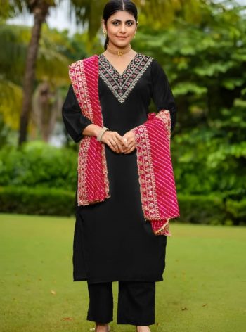 FANCY SLUB COTTON SEQUENCE EMBROIDERY WORK TOP BOTTOM WITH DUPATTA BLACK
