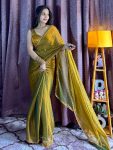 FANCY SOFT FENDI SILK TWO TONE WITH BEADS HAND PIPE WORK SAREE WITH UNSTITCHED BLOUSE YELLOW