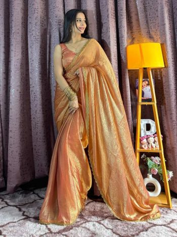 FANCY SOFT FENDI SILK TWO TONE WITH BEADS HAND PIPE WORK SAREE WITH UNSTITCHED BLOUSE ORANGE