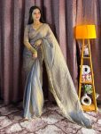 FANCY SOFT FENDI SILK TWO TONE WITH BEADS HAND PIPE WORK SAREE WITH UNSTITCHED BLOUSE GREY