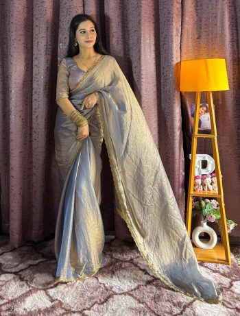 FANCY SOFT FENDI SILK TWO TONE WITH BEADS HAND PIPE WORK SAREE WITH UNSTITCHED BLOUSE GREY