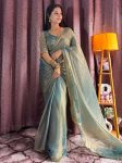 FANCY SOFT FENDI SILK TWO TONE WITH BEADS HAND PIPE WORK SAREE WITH UNSTITCHED BLOUSE SEA BLUE