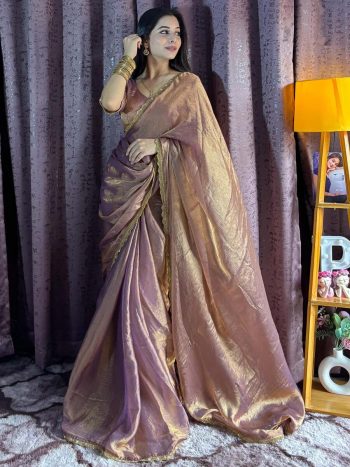 FANCY SOFT FENDI SILK TWO TONE WITH BEADS HAND PIPE WORK SAREE WITH UNSTITCHED BLOUSE LAVENDER