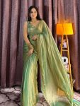 FANCY SOFT FENDI SILK TWO TONE WITH BEADS HAND PIPE WORK SAREE WITH UNSTITCHED BLOUSE GREEN