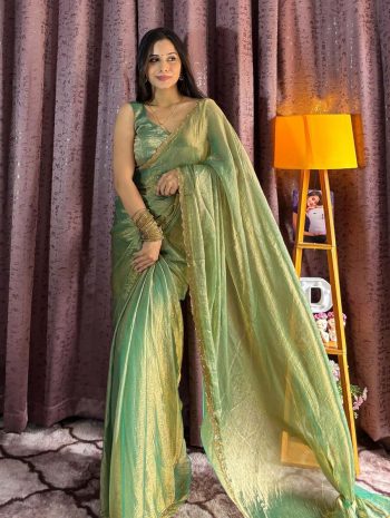 FANCY SOFT FENDI SILK TWO TONE WITH BEADS HAND PIPE WORK SAREE WITH UNSTITCHED BLOUSE GREEN