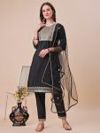 FANCY TAFFETA SILK EMBROIDERY ZARI WORK TOP BOTTOM WITH DUPATTA  BLACK