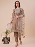 FANCY TAFFETA SILK EMBROIDERY ZARI WORK TOP BOTTOM WITH DUPATTA  CHIKU