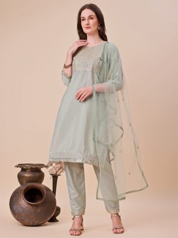 FANCY TAFFETA SILK EMBROIDERY ZARI WORK TOP BOTTOM WITH DUPATTA  SEA GREEN