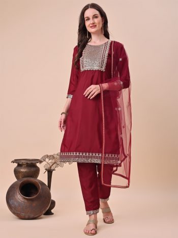 FANCY TAFFETA SILK EMBROIDERY ZARI WORK TOP BOTTOM WITH DUPATTA  MAROON