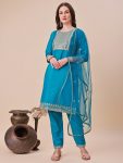 FANCY TAFFETA SILK EMBROIDERY ZARI WORK TOP BOTTOM WITH DUPATTA  SKY