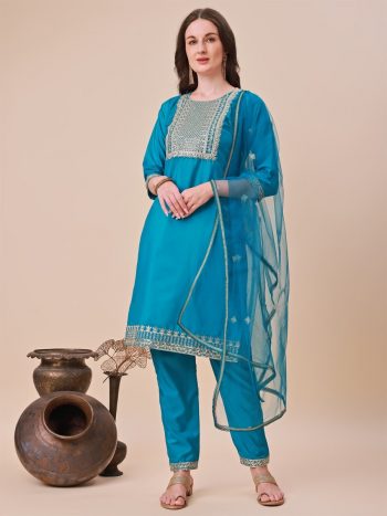 FANCY TAFFETA SILK EMBROIDERY ZARI WORK TOP BOTTOM WITH DUPATTA  SKY