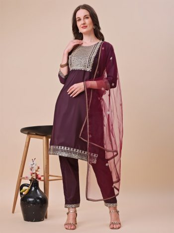 FANCY TAFFETA SILK EMBROIDERY ZARI WORK TOP BOTTOM WITH DUPATTA  PURPLE