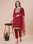 FANCY TAFFETA SILK EMBROIDERY ZARI WORK TOP BOTTOM WITH DUPATTA  WINE