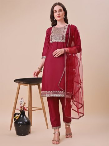 FANCY TAFFETA SILK EMBROIDERY ZARI WORK TOP BOTTOM WITH DUPATTA  WINE